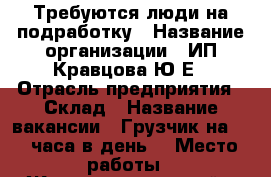 Требуются люди на подработку › Название организации ­ ИП Кравцова Ю.Е › Отрасль предприятия ­ Склад › Название вакансии ­ Грузчик(на 2-3 часа в день) › Место работы ­ Железнодорожный › Минимальный оклад ­ 1 400 › Возраст от ­ 18 - Новосибирская обл., Новосибирск г. Работа » Вакансии   . Новосибирская обл.,Новосибирск г.